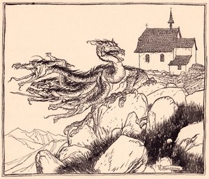 Não demorou muito até que o dragão de sete cabeças viesse, rugindo alto. Ilustração de Arthur Rackham de Grimm