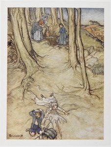 "Jack e Jill". Duas crianças caem de uma colina. Jill derrama um balde de água enquanto Jack bate com a cabeça. de Arthur Rackham