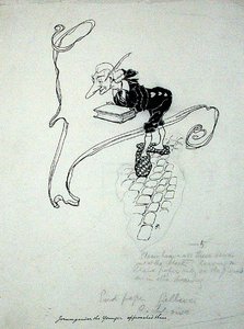 Jorumgander, o Jovem, deixou a sua loja e aproximou-se deles com uma caixa de canetas que ofereceu para venda", ilustração de "The Zankiwank and the Bletherwitch", de S.J. Adair Fitzgerald, publicada em 1896 (caneta e tinta sobre papel) de Arthur Rackham