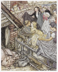 "Tal como o pastor de porcos estava a dar o oitenta e seisº beijo", ilustração para "O pastor de porcos", de Hans Christian Andersen de Arthur Rackham