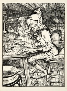 Lay !, rugiu o gigante e, em seguida, a galinha colocou imediatamente um ovo de ouro maciço, do The Arthur Rackham Fairy Book, pub. 1933 de Arthur Rackham
