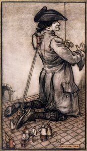 Alfaiates liliputianos medindo Gulliver para fazer-lhe um fato novo, ilustração de Arthur Rackham (1867-1939) de Gulliver