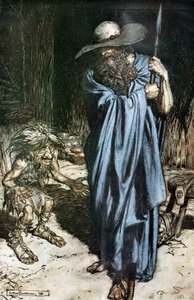 Mime e o Andarilho. Ilustração para Siegfried e O Crepúsculo dos Deuses, de Richard Wagner, de Arthur Rackham