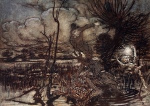 Enganem peregrinos da noite, rindo do seu mal, ilustração de &39;Sonho de Noites de Verão&39;, de William Shakespeare, 1908 de Arthur Rackham