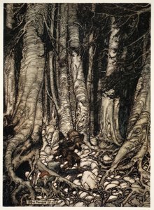 Aliviando-se mutuamente, subiram em um barranco estreito, de Rip Van Winkle, de Washington Irving, pub. 1910 de Arthur Rackham