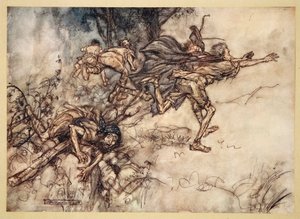 O monstruoso! O estranho! nós somos assombrados. Ore, mestres! voar, mestres! Socorro !, ilustração de &39;Sonho de Noites de Verão&39; de William Shakespeare, 1908 de Arthur Rackham