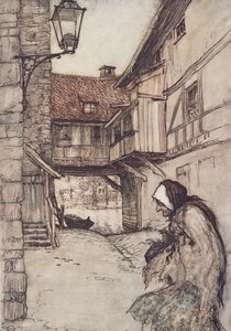 Era uma vez uma pobre mulher idosa que vivia numa aldeia, de Os Contos de Fadas dos Irmãos Grimm, pub. 1909 de Arthur Rackham