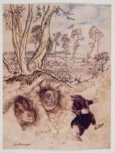 Molho de cebola! Molho de cebola! ele comentou zombeteiramente, e foi embora antes que eles pudessem pensar em uma resposta, de Wind in the Willows por Kenneth Grahame (1859 - 1932), pub. 1940 de Arthur Rackham