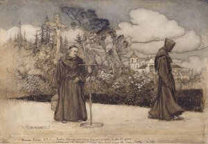 Padre Alonzo assistiu ele fora de vista, ilustração de boa noite por Eleanor Gates, 1907 (caneta e tinta & wc no papel) de Arthur Rackham