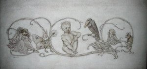 Peter Pan, ilustração de "Peter Pan in Kensington Gardens, London", publicado em 1906 (caneta e tinta & aquarela sobre papel) de Arthur Rackham