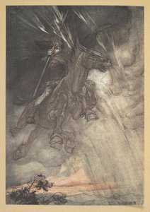 "Raging, Wotan rides to the Rock! Como um vento de tempestade, ele vem"! de Arthur Rackham