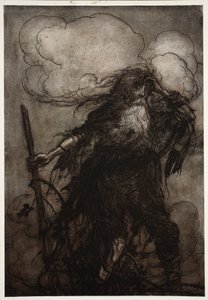 Rip acorda. Certamente, embora ele, eu não tenha dormido aqui a noite toda Aquele jarro! Aquele jarro malvado! Que desculpa devo fazer a Dame Van Winkle de Rip Van Winkle por Washington Irving, pub. 1910 de Arthur Rackham
