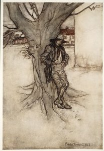 Rips filho, uma contraparte precisa de si mesmo, enquanto subia a montanha, de Rip Van Winkle, de Washington Irving, pub. 1910 de Arthur Rackham