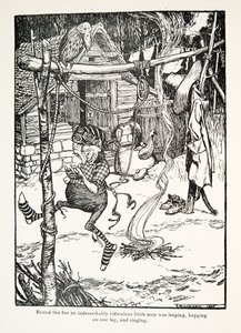 Em volta do fogo, um homenzinho indescritivelmente ridículo saltava, pulava de um lado para o outro e cantava no pub The Fairy Tales ofthe Brothers Grimm. 1909