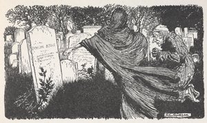 Scrooge e um fantasma num cemitério à noite. de Arthur Rackham