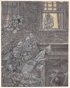 Scrooge à sua janela a observar fantasmas na rua em baixo de Arthur Rackham