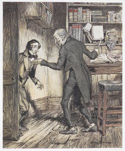 Scrooge escrevendo no seu escritório quando outro homem entra de Arthur Rackham