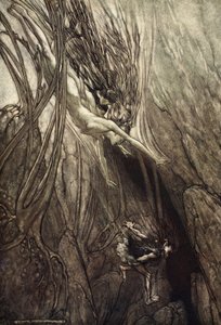 Aproveite o despoiler! Resgate o ouro! Ajude-nos! Ajude-nos! Ai! Ai !, ilustração de "O Rhinegold e a Valquíria", 1910 de Arthur Rackham