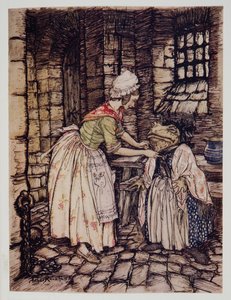 Ela arrumou o xale com uma dobra progressiva e amarrou as cordas do capô enferrujado sob o queixo, de Wind in the Willows, de Kenneth Grahame (1859 - 1932), pub. 1940 de Arthur Rackham