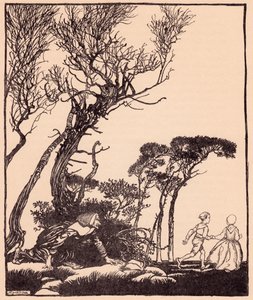 Ela rastejou atrás deles secretamente, como as bruxas se rastejam. Ilustração de Arthur Rackham de Grimm