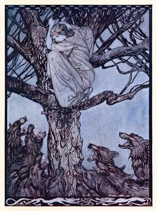 Ela olhou com pesar irado para a horda exausta e rosnando abaixo. de The Wooing of Becfola em contos de fadas irlandeses de Arthur Rackham