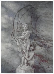 "Ela pôs os braços à volta da figura de mármore que era tão parecida com o príncipe". Ilustração para a história, 