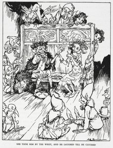 "Ela agarrou-o pelo pulso, e ele riu-se até ele se agarrar". Elfin maidens e goblins. Ilustração para "a colina dos duendes". de Arthur Rackham