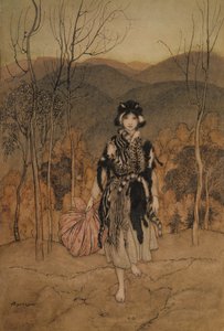 Ela foi junto, e foi junto, e foi junto vestido no catskin, ilustração dos contos de fadas ingleses recontados por FA Steel, publicado 1918 (pena e tinta & wc no papel) de Arthur Rackham