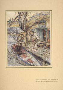 "Enfie isso debaixo do pé", ele (Ratty) observou a toupeira enquanto a passava para dentro do barco. de Arthur Rackham
