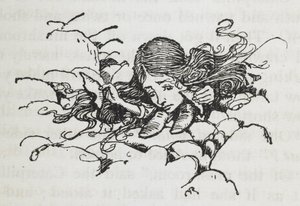 Shrunken Alice depois de comer um pouco do cogumelo da Lagarta de Arthur Rackham