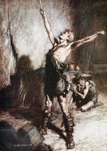 Siegfried forja sua espada. Ilustração para Siegfried e O Crepúsculo dos Deuses, de Richard Wag de Arthur Rackham