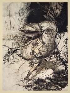 Siegfried mata Fafner, ilustração de &39;Siegfried e o Crepúsculo dos Deuses&39;, 1924 de Arthur Rackham