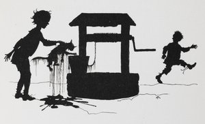 Silhueta de um rapaz a puxar um gato para fora de um poço. de Arthur Rackham
