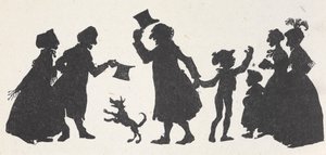 Silhueta de um jovem rapaz e de um homem a cumprimentar pessoas a caminho de casa a partir da igreja. de Arthur Rackham