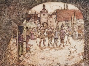 Então os quatro irmãos pegaram seus gravetos nas mãos, despediram-se do pai e saíram do portão da cidade, dos contos de fadas dos Irmãos Grimm, pub. 1909 de Arthur Rackham