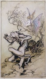 Sprite and Monster, uma ilustração de Tales from Shakespeare de Charles (1775-1834) e Mary Lamb (1764-1847) 1909 (caneta e tinta, wc) de Arthur Rackham