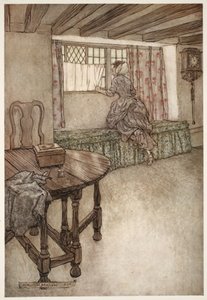 Nomes estranhos estavam por cima das portas - rostos estranhos nas janelas - tudo era estranho, de Rip Van Winkle, de Washington Irving, pub. 1910 de Arthur Rackham