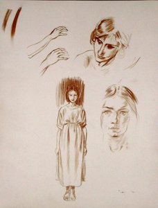 Estudos de uma mulher, de rostos e de mãos (sangue no papel) de Arthur Rackham