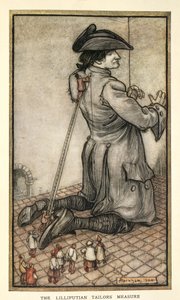Alfaiates de Lilliput medindo Gulliver, ilustração de Gulliver