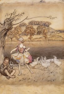 Tattercoats dançando enquanto os tubos de gooseherd, ilustração de contos de fadas ingleses, contados por FA Steel, publicado em 1918 (caneta e tinta & wc no papel) de Arthur Rackham