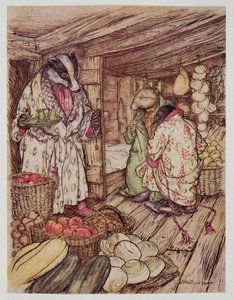 As lojas de inverno dos texugos, que na verdade eram visíveis por toda parte, ocuparam metade do espaço, de Wind in the Willows, de Kenneth Grahame (1859 - 1932), pub. 1940 de Arthur Rackham