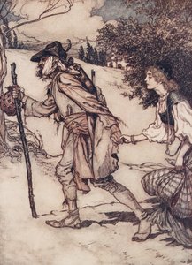 O mendigo pegou-a pela mão e levou-a para longe dos contos de fadas dos Irmãos Grimm, pub. 1909 de Arthur Rackham