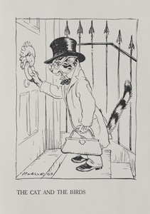 O Gato e os Pássaros, ilustração de &39;Fábulas de Esopo&39;, publicado por Heinemann, 1912 de Arthur Rackham