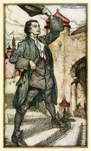 O Imperador de Lilliput revisa suas tropas da Parte I: Uma Viagem a Lilliput em Gullivers Viaja por Jonathan Swift de Arthur Rackham
