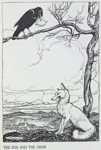 A Raposa e o Corvo, ilustração de &39;Fábulas de Esopo&39;, publicada por Heinemann, 1912 (gravura)