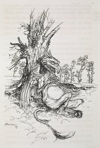 O Gryphon sentado contra uma árvore de Arthur Rackham