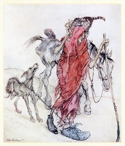 A Bruxa do Moinho era um mastro fino e magro de uma bruxa com pés estranhos. de Mongans Frenzy em contos de fadas irlandeses de Arthur Rackham