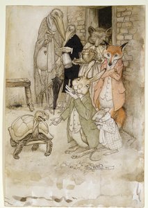 A lebre e a tartaruga, ilustração das fábulas de Esopo, bar. por Heinemann, 1912 (caneta e tinta, wc no papel)
