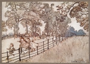 A corcova que é a parte da Caminhada Larga onde todas as grandes corridas são corridas, de Peter Pan em Jardins de Kensington por JM Barrie (1860 - 1937), bar. 1906 de Arthur Rackham