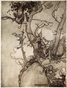 As montanhas de Kaatsberg ou Catskill sempre foram uma região cheia de fábulas, de Rip Van Winkle de Washington Irving, pub. 1910 de Arthur Rackham